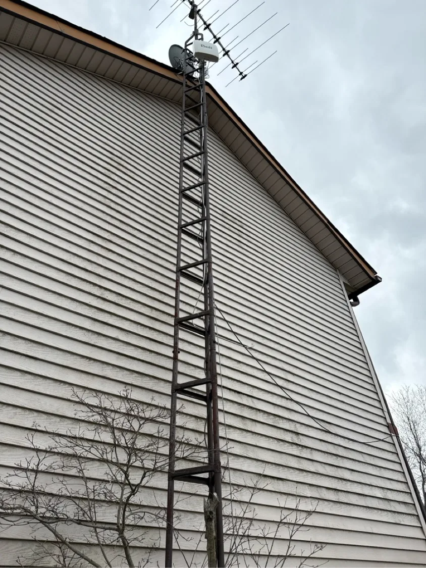 Dirty vinyl siding with black algae streaks and oxidation on rural Kitchener-Waterloo home before soft wash — D&D Home Services