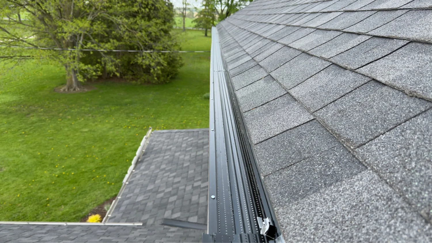 Top-down view of black gutter guard against grey shingles on rural Kitchener-Waterloo home — D&D Home Services